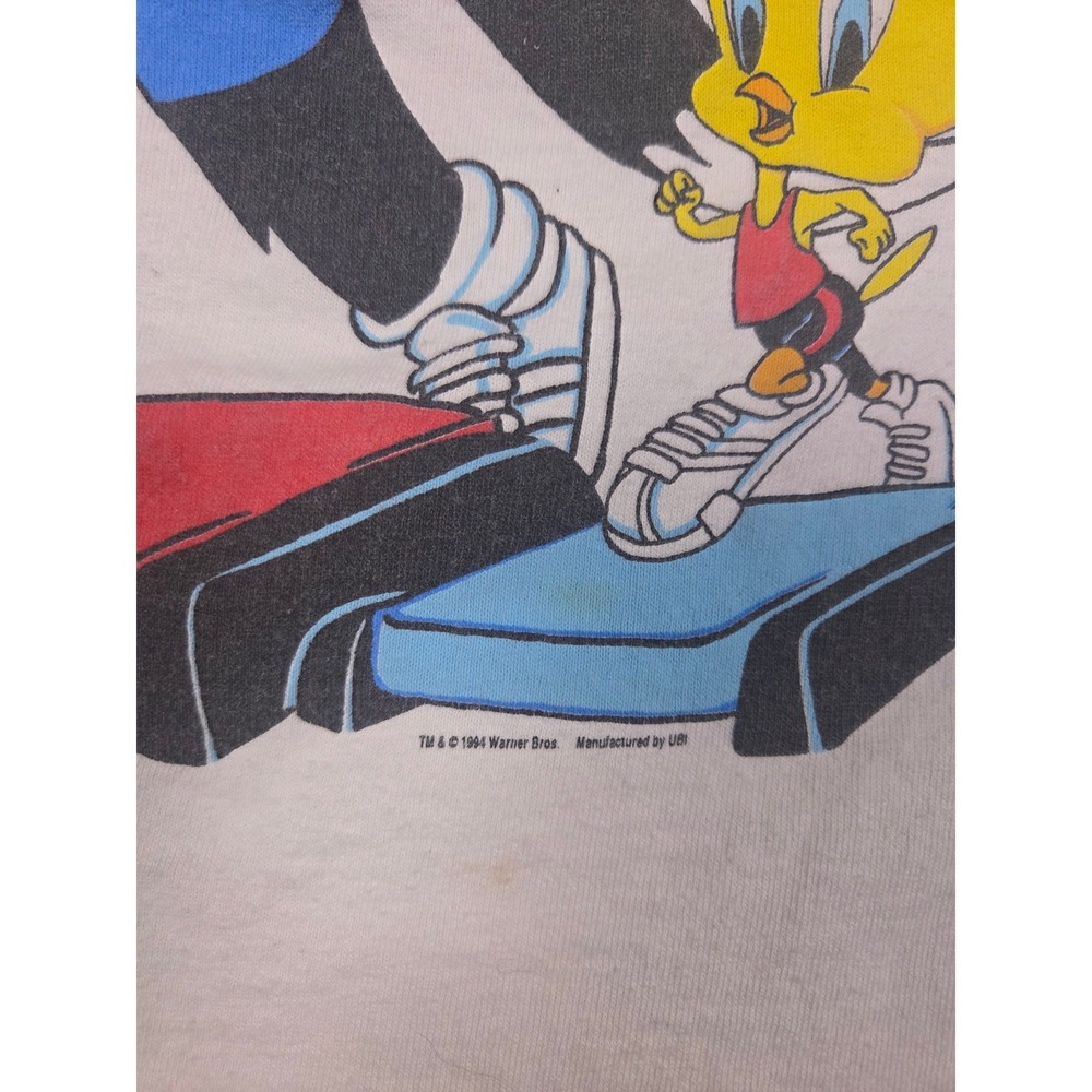 Vintage 90s Looney Tunes T Shirt Mens S White Sylvester Tweety Bird Workout 1994 - Picture 2 of 10